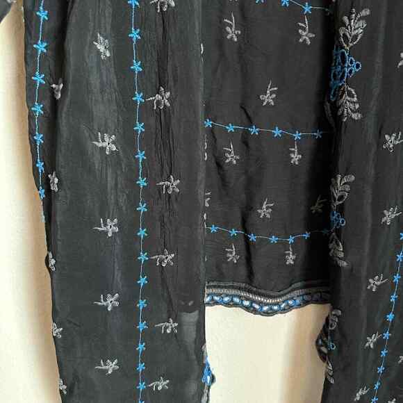 Johnny Was Open Front Embroidered Cardigan Sheer Black Blue Floral High Low Hem - Picture 5 of 10